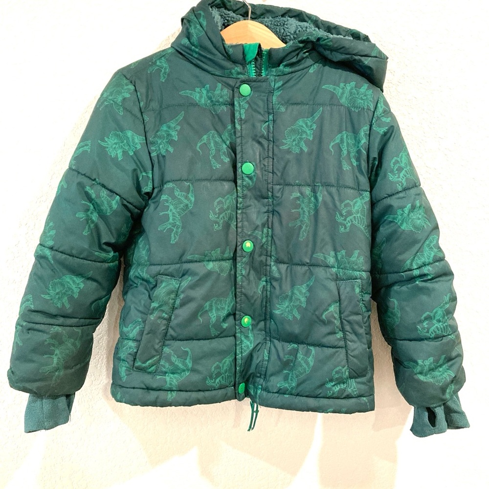 Kid’s Cat & Jack Green Dinosaur Puffer Jacket, size 4T/5T